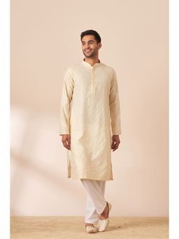 Manyavar - Cream Blended Viscose Self Design Kurta with Pencil Pyjama (Set of 2)