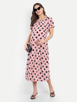 Mamma's Maternity - Baby Pink Cotton Polka Printed Keyhole Neck Maternity/Feeding Short Dress