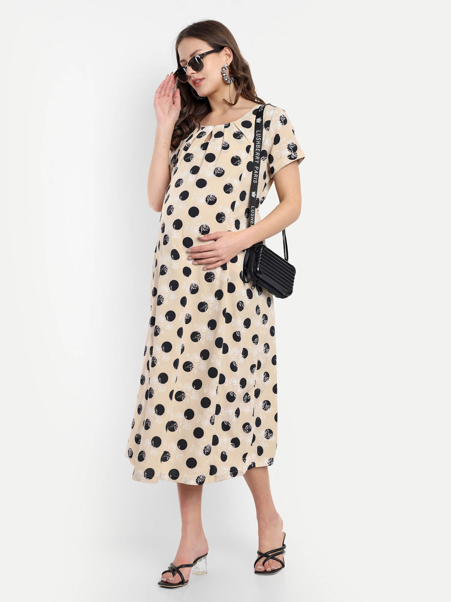 Cream Cotton Polka Printed Keyhole Neck Maternity/Feeding Short Dress-image-27