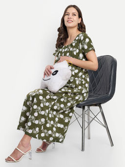 Mamma's Maternity - Green Cotton Polka Printed Keyhole Neck Maternity/Feeding Short Dress