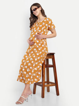 Mamma's Maternity - Yellow Cotton Polka Printed Keyhole Neck Maternity/Feeding Short Dress