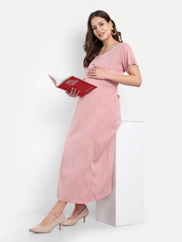 Mamma's Maternity - Baby Pink Rayon Solid Round Neck Maternity/Feeding Short Dress