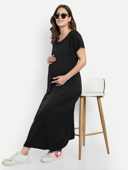 Mamma's Maternity - Black Rayon Solid Round Neck Maternity/Feeding Short Dress