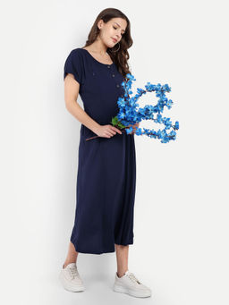 Mamma's Maternity - Navy Blue Rayon Solid Round Neck Maternity/Feeding Short Dress