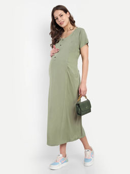 Mamma's Maternity - Olive Green Rayon Solid Round Neck Maternity/Feeding Short Dress