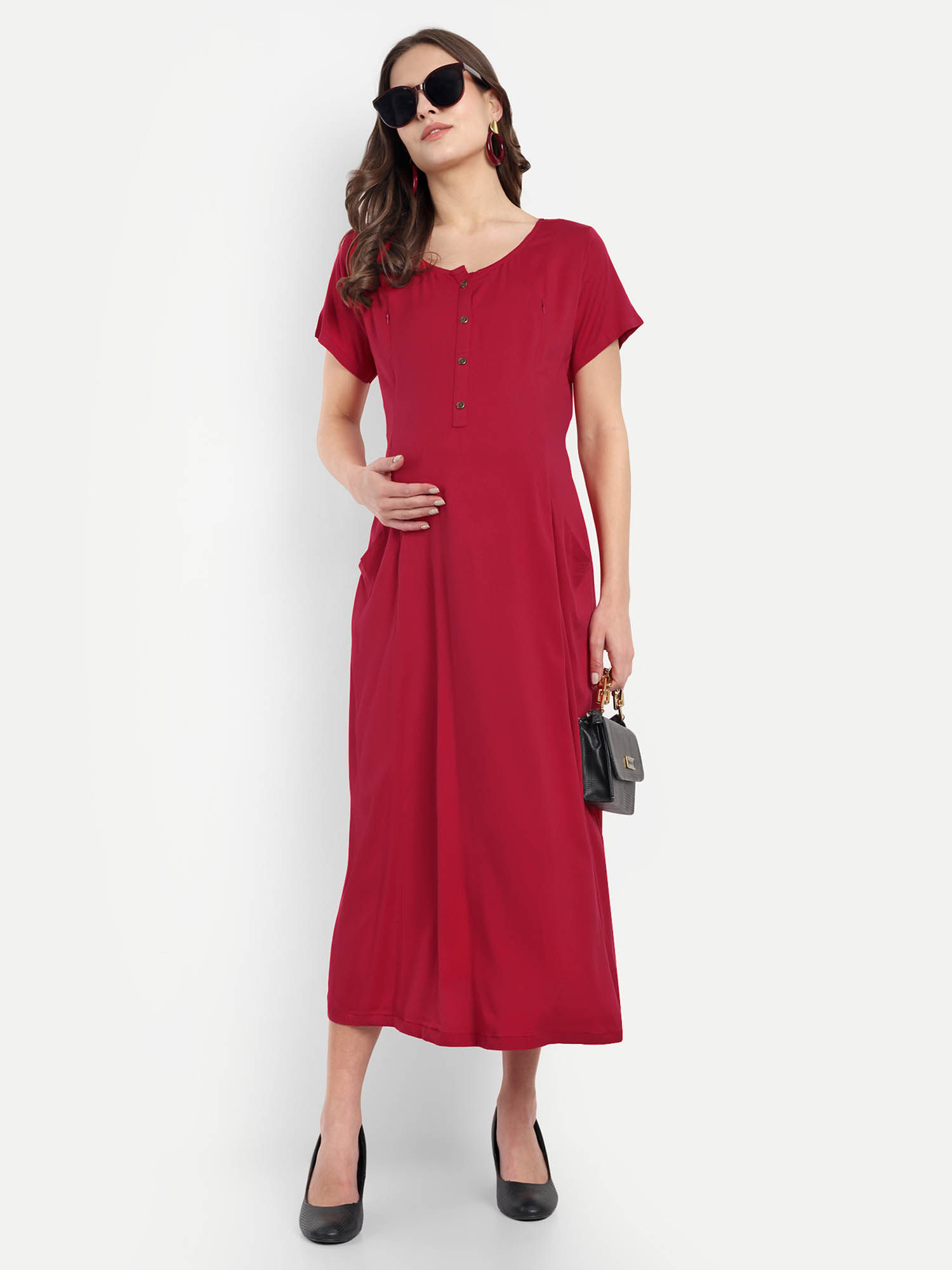 Red Rayon Solid Round Neck Maternity/Feeding Short Dress-image-28