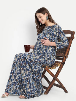 Mamma's Maternity - Blue Rayon Abstract Printed Round Neck Maternity/Feeding Long Dress
