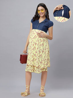 Mamma's Maternity - Blue Yellow Floral Denim Collared Neck Printed Maternity/Feeding Short Dress
