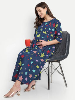 Mamma's Maternity - Blue Denim Geometric Printed Round Neck Maternity/Feeding Short Dress