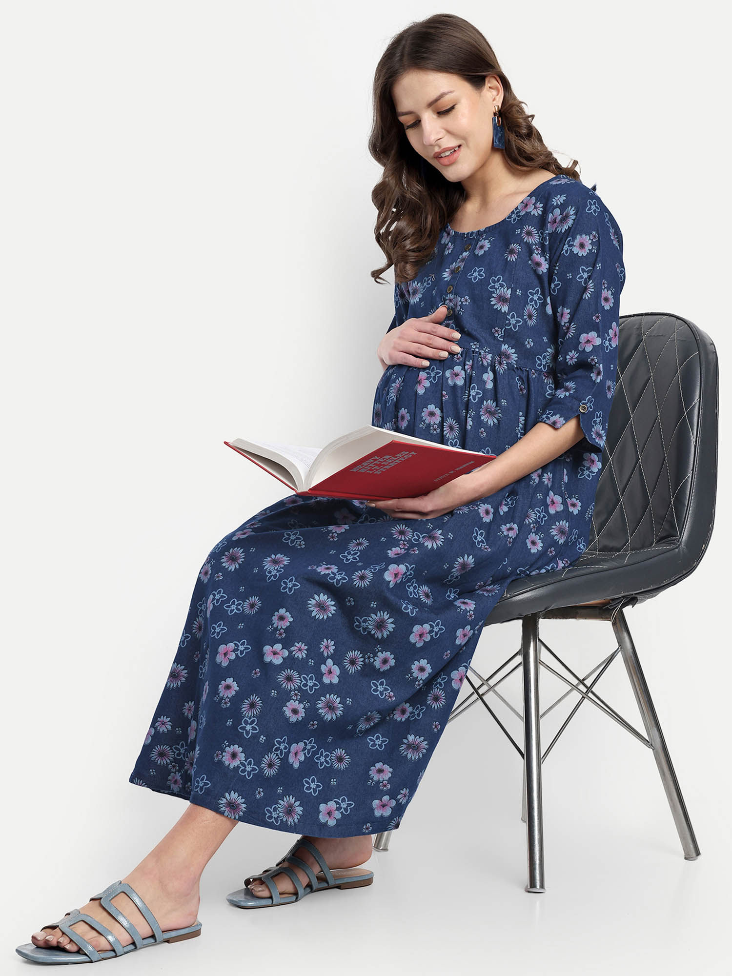 Blue Denim Floral Round Neck Maternity/Feeding Short Dress-image-14