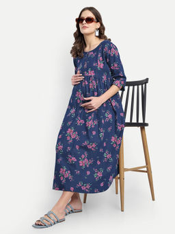 Mamma's Maternity - Blue Pink Denim Floral Round Neck Maternity/Feeding Short Dress