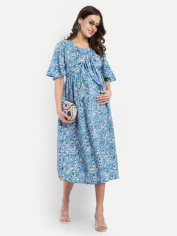 Mamma's Maternity - Light Blue Crepe Floral Round Neck Maternity/Feeding Short Dress