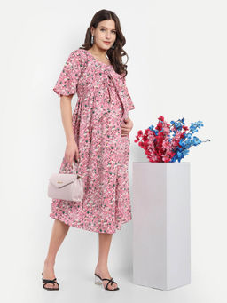 Mamma's Maternity - Baby Pink Crepe Floral Round Neck Maternity/Feeding Short Dress