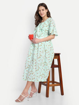 Mamma's Maternity - Turquoise Green Crepe Floral Round Neck Maternity/Feeding Short Dress