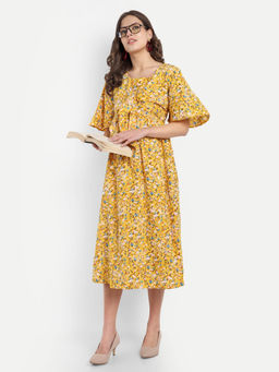 Mamma's Maternity - Yellow Crepe Floral Round Neck Maternity/Feeding Short Dress