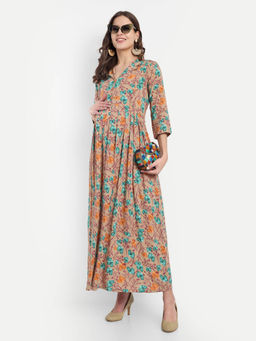 Mamma's Maternity - Brown Green Rayon Floral Collared Neck Maternity/Feeding Long Dress