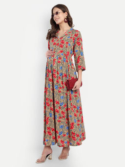 Mamma's Maternity - Brown Pink Rayon Floral Collared Neck Maternity/Feeding Long Dress