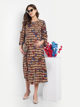 Mamma's Maternity - Brown Blue Rayon Floral Round Neck Maternity/Feeding Short Dress