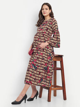 Mamma's Maternity - Brown Pink Rayon Floral Round Neck Maternity/Feeding Short Dress