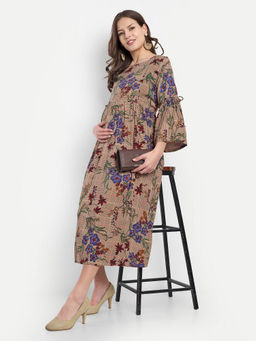 Mamma's Maternity - Brown Purple Rayon Floral Round Neck Maternity/Feeding Short Dress