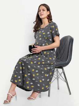 Mamma's Maternity - Dark Grey Geometric Printed Round Neck Maternity/Feeding Short Dress