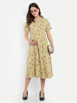 Mamma's Maternity - Mastard Yellow Geometric Printed Round Neck Maternity/Feeding Short Dress