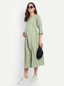 Mamma's Maternity - Olive Green Cotton Stripes Printed Round Neck Maternity/Feeding Short Dress