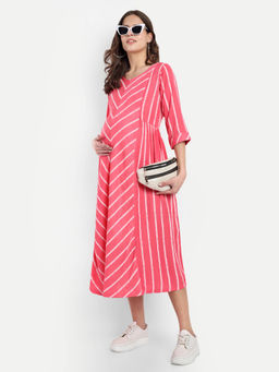 Mamma's Maternity - Pink Cotton Stripes Printed Round Neck Maternity/Feeding Short Dress