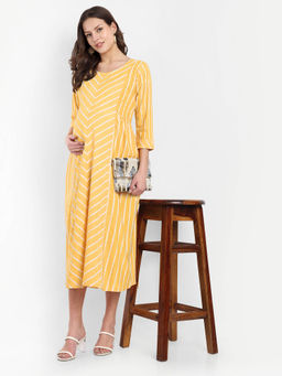 Mamma's Maternity - Yellow Cotton Stripes Printed Round Neck Maternity/Feeding Short Dress