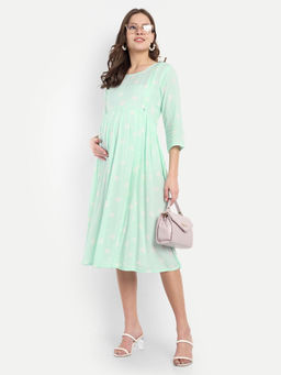 Mamma's Maternity - Light Green Geometric Printed Round Neck Maternity/Feeding Short Dress