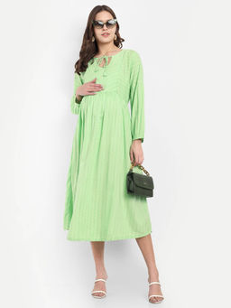 Mamma's Maternity - Light Green Cotton Stripes Printed Tie Up Neck Maternity/Feeding Short Dress