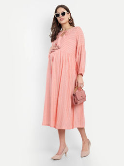 Mamma's Maternity - Peach Cotton Stripes Printed Tie Up Neck Maternity/Feeding Short Dress