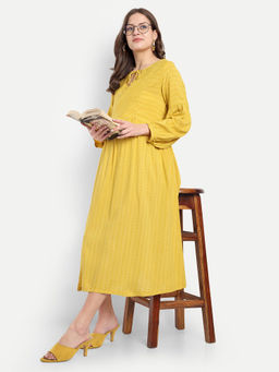 Mamma's Maternity - Yellow Cotton Stripes Printed Tie Up Neck Maternity/Feeding Short Dress