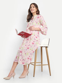 Mamma's Maternity - Pink Floral Butterfly Printed V-Neck Maternity/Feeding Short Dress