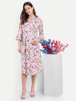 Mamma's Maternity - Pink Rayon Floral V-Neck Maternity/Feeding Short Dress