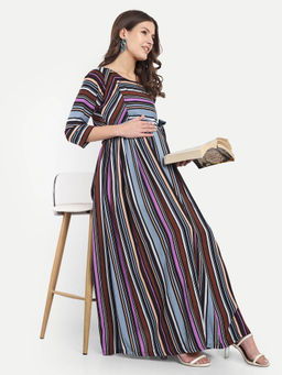Mamma's Maternity - Brown Black Rayon Stripes Printed Round Neck Maternity/Feeding Long Dress
