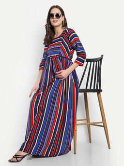 Mamma's Maternity - Red Black Rayon Stripes Printed Round Neck Maternity/Feeding Long Dress