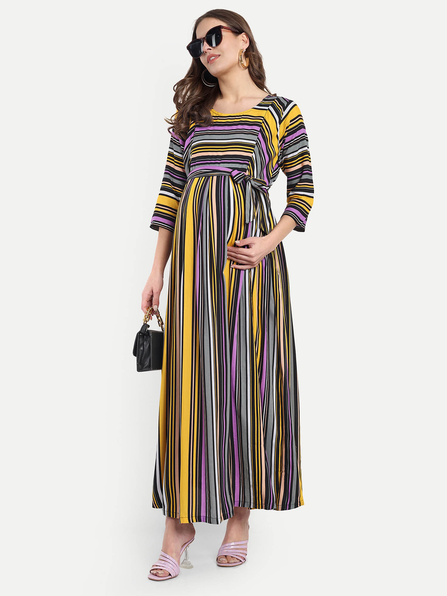 mamma's maternity Yellow Black Rayon Stripes Printed Round Neck Maternity/Feeding Long Dress-picture-11