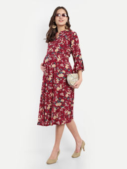 Mamma's Maternity - Red Rayon Floral V-Neck Maternity/Feeding Short Dress