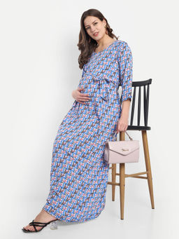 Mamma's Maternity - Blue Rayon Printed Round Neck Maternity/Feeding Long Dress