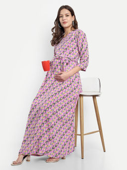 Mamma's Maternity - Pink Rayon Printed Round Neck Maternity/Feeding Long Dress