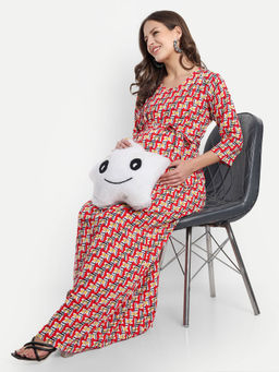 Mamma's Maternity - Red Rayon Printed Round Neck Maternity/Feeding Long Dress