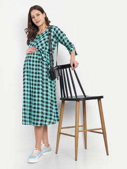 Mamma's Maternity - Sky Blue Cotton Checks Round Neck Maternity/Feeding Short Dress