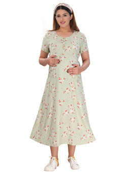 Mamma's Maternity - Pear Green Floral Round Neck Maternity/Feeding Short Dress