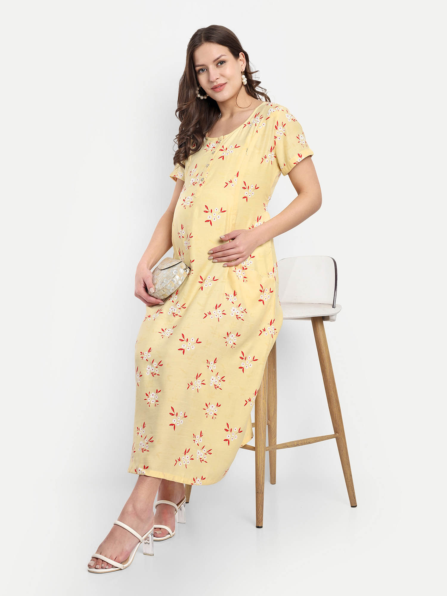 mamma's maternity Yellow Floral Round Neck Maternity/Feeding Short Dress-picture-21