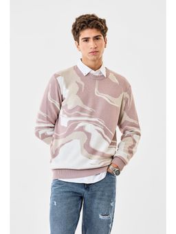Snitch - Pink Abstract Full Sleeves Regular Casual Sweater for Men