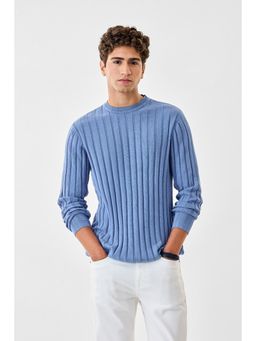Snitch - Blue Textured Full Sleeves Regular Casual Sweater for Men