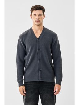Snitch - Dark Grey Textured Full Sleeves Relaxed Casual Cardigan for Men
