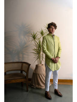 Project Bandi - Lime Dropped Chanderi Achkan with White Kurta and Pajama