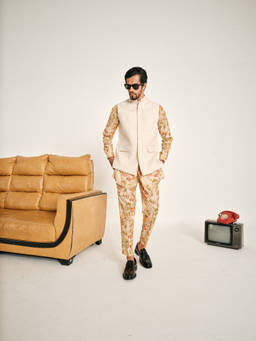 Project Bandi - Ivory Floral Rhapsody Kurta Pajama and Cosmic Latte Bandi
